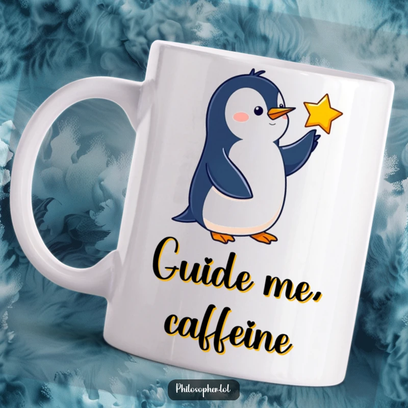 Funny wise penguin mug, elegantly pointing a flipper towards a distant star with a knowing look.