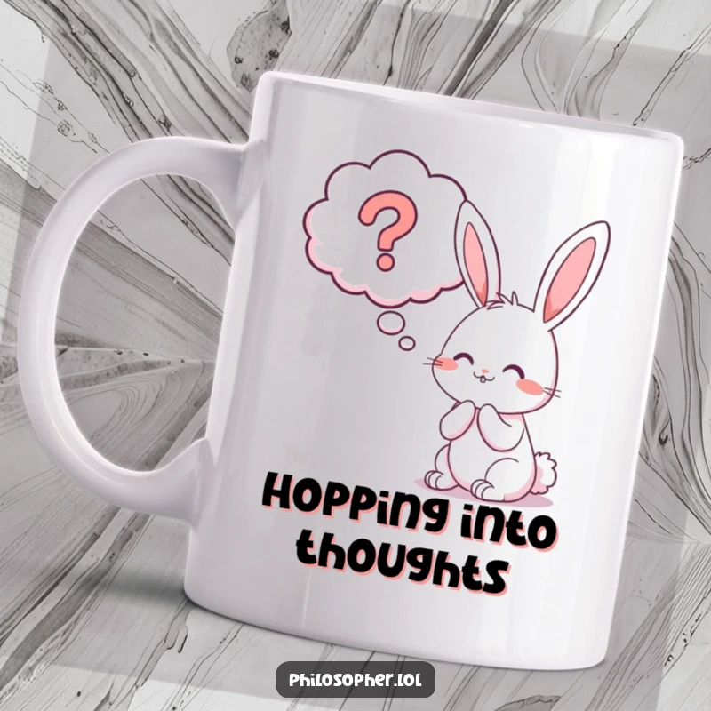 Funny bunny mug, a cheerful rabbit thinking deeply inside a giant thought bubble with a question mark.