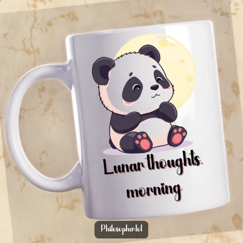 Funny mug with a contented panda cub looking thoughtfully at the moon, symbolizing peaceful dreams and quiet contemplation. Gift.