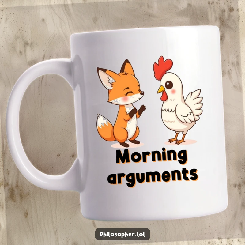 Funny mug depicting a fox seriously debating a rubber chicken, capturing a moment of absurd humor and playful disagreement for a laugh.