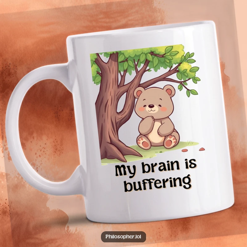 Funny mug with a happy bear sitting under a tree, engrossed in deep, thoughtful contemplation, perfect for humor lovers.