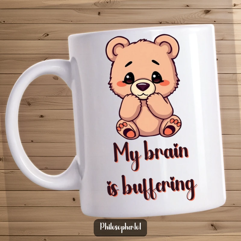 Funny bear cub mug with a furrowed brow, striking a classic Rodin's Thinker pose, deep in thought.