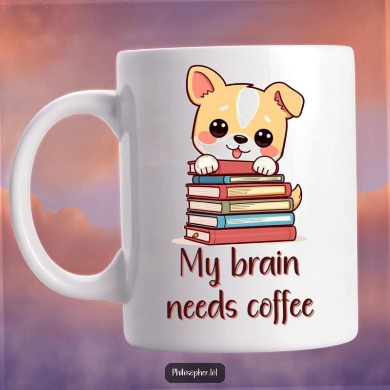 Funny dog balancing a precarious stack of philosophy books on its head, looking thoughtful, a perfect mug for smart humor lovers.