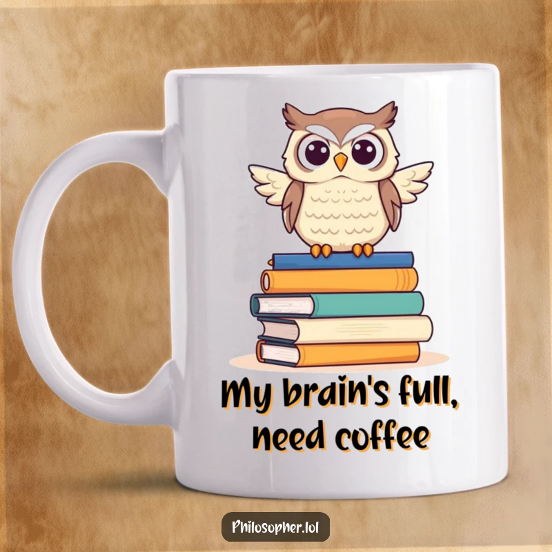 Funny owl librarian mug, perched proudly on a stack of books, looking wise and scholarly, perfect for book enthusiasts.