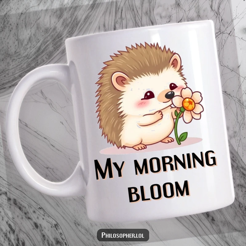 Funny wobbly hedgehog mug: a charming hedgehog wobbling while admiring a single, perfect flower, symbolizing appreciation and gentleness.