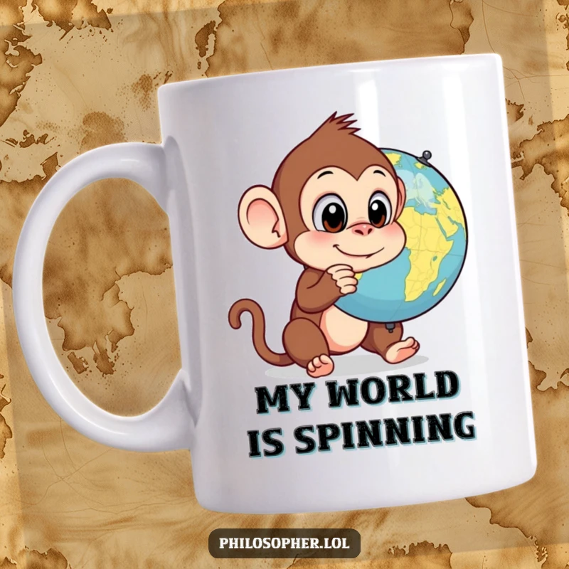 Funny monkey mug, wide-eyed and puzzled, staring at a spinning globe, contemplating the world, whimsical and humorous illustration.