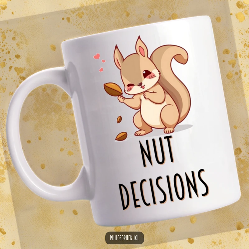 Funny squirrel mug showing a dramatic squirrel dropping a nut, lost in thought about causality.