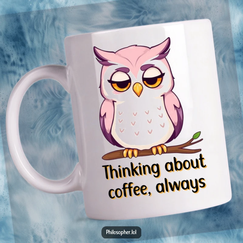Funny mug with a contemplative owl, brow furrowed, gently stroking its chin in deep thought.