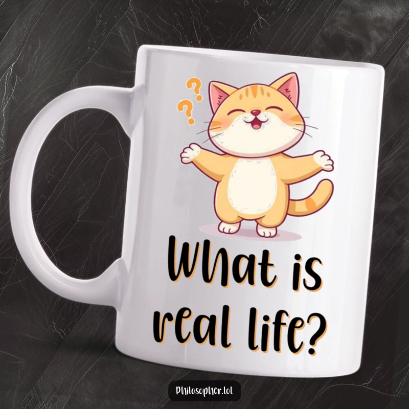 Funny mug showing a giggling cat spinning in a circle, eyes wide with existential wonder, questioning the nature of reality.
