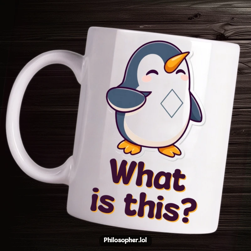 Funny Penguin Geometry Mug showing a curious penguin pointing enthusiastically at a complicated, colorful geometric shape, sparking wonder.