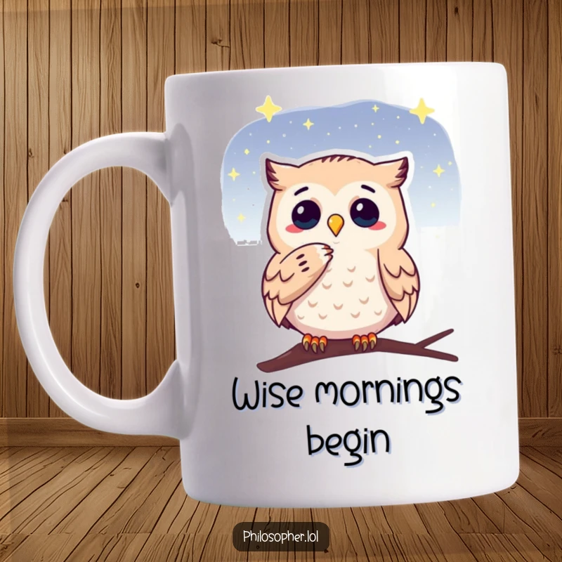 Funny mug showcasing a thoughtful owl stroking its chin while gazing at a starry sky, symbolizing wisdom and peaceful contemplation.