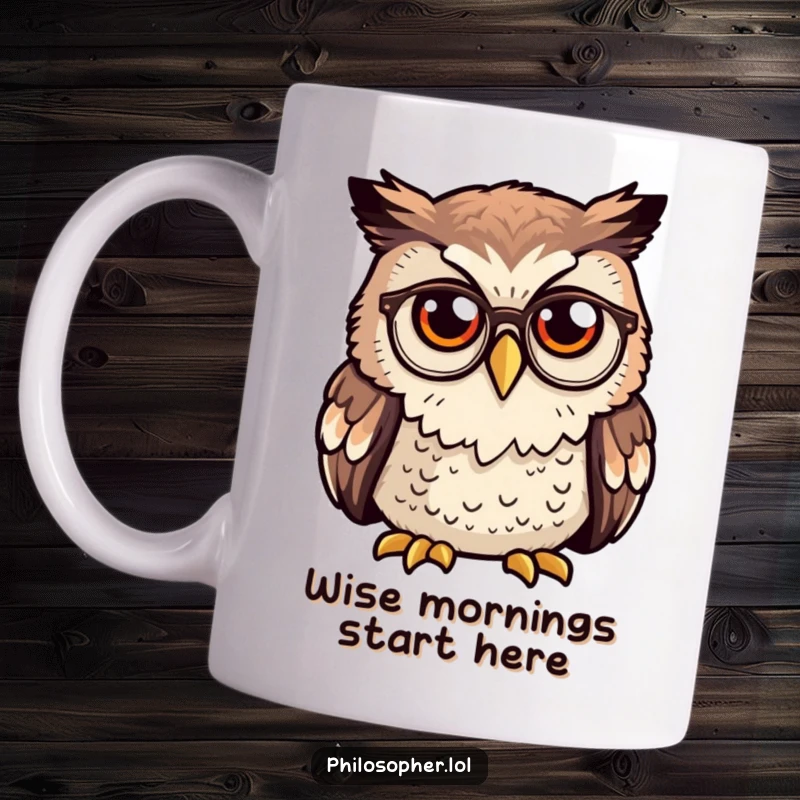 Funny owl mug, curious owl wearing tiny spectacles, deep in thought, intellectual and whimsical design.