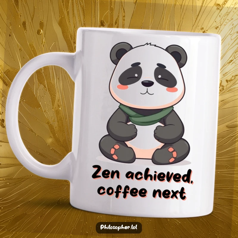 Funny mug featuring a brave panda in deep meditation with a perfectly serene expression, embodying peaceful and humorous mindfulness.