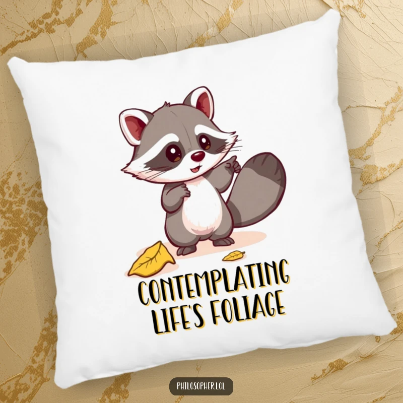 Funny pillow with a mischievous raccoon pointing at a fallen leaf, symbolizing profound curiosity and cozy relaxation. Gift idea.