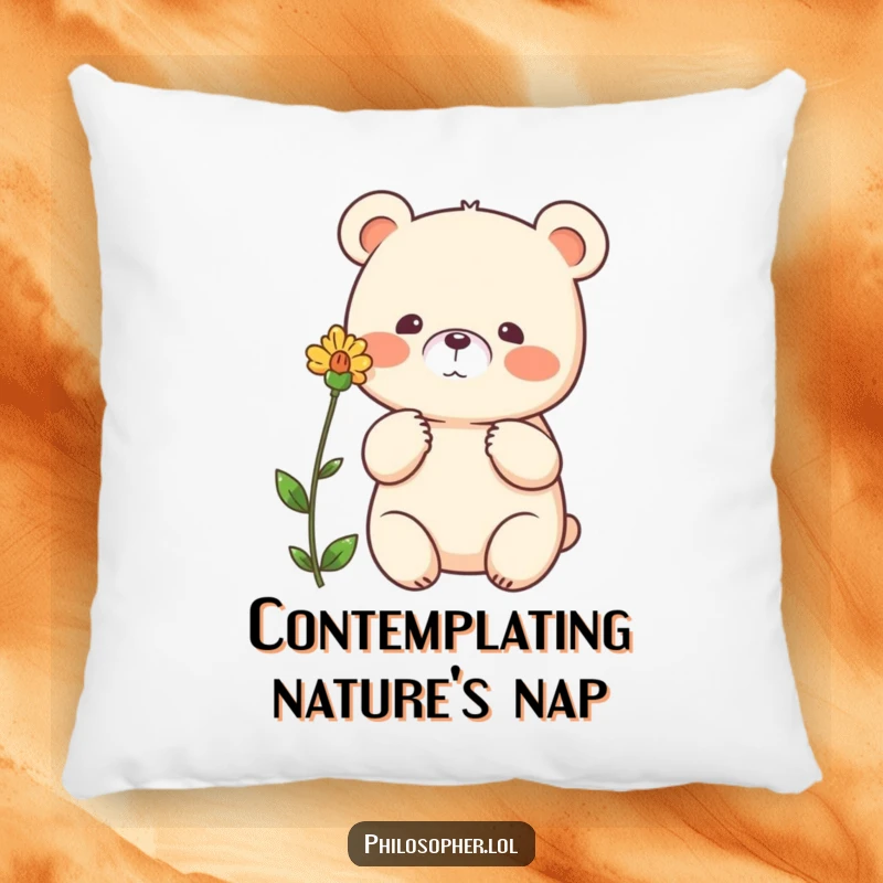 Funny bear pillow, beaming bear gesturing thoughtfully towards a single flower, decorative cushion, cute animal design.