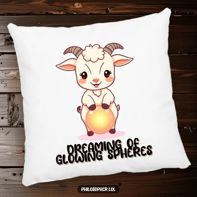Funny pillow with a bouncy goat balancing a small, glowing orb, adding comfort and a magical touch.