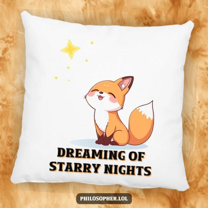 Funny pillow with a joyful fox gazing at a distant, twinkling star, perfect for dreaming.