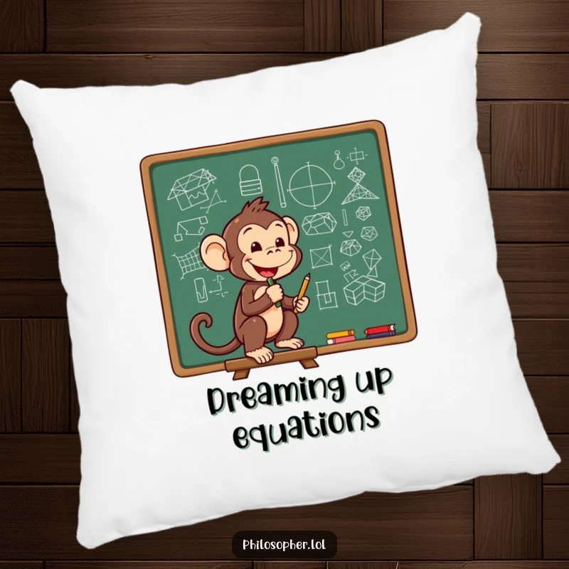 Funny pillow with a cheerful monkey sketching complex diagrams on a chalkboard, perfect for a study nook.