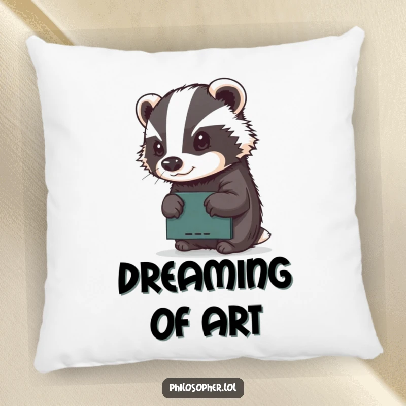 Funny pillow with a determined badger focused on sketching on a tiny chalkboard, offering cozy artistic inspiration.