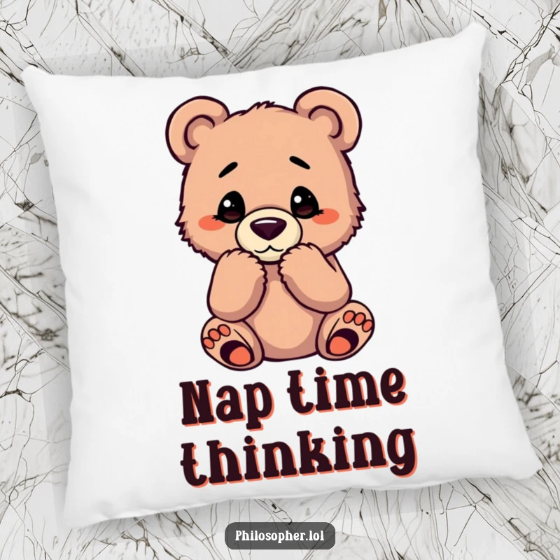 Funny bear cub pillow featuring a cub in a classic thinking posture, adding humor and coziness.