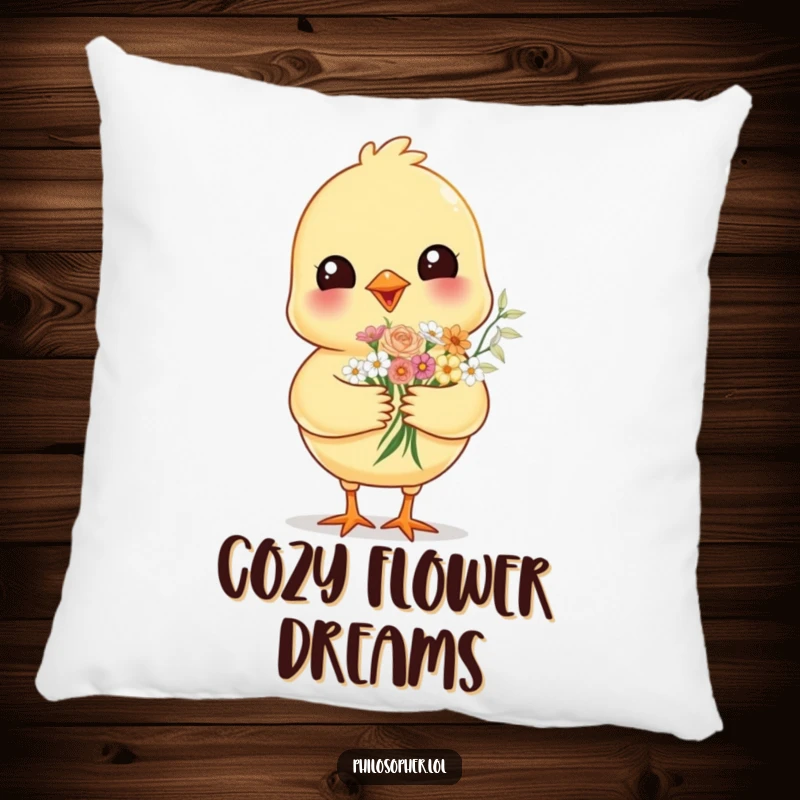 Funny cheerful chick, offering flowers, on a soft pillow, adding a touch of floral cuteness and cozy comfort.