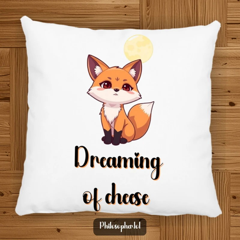 Funny pillow featuring a determined fox gazing at the moon, embodying deep, humorous contemplation and offering plush comfort.