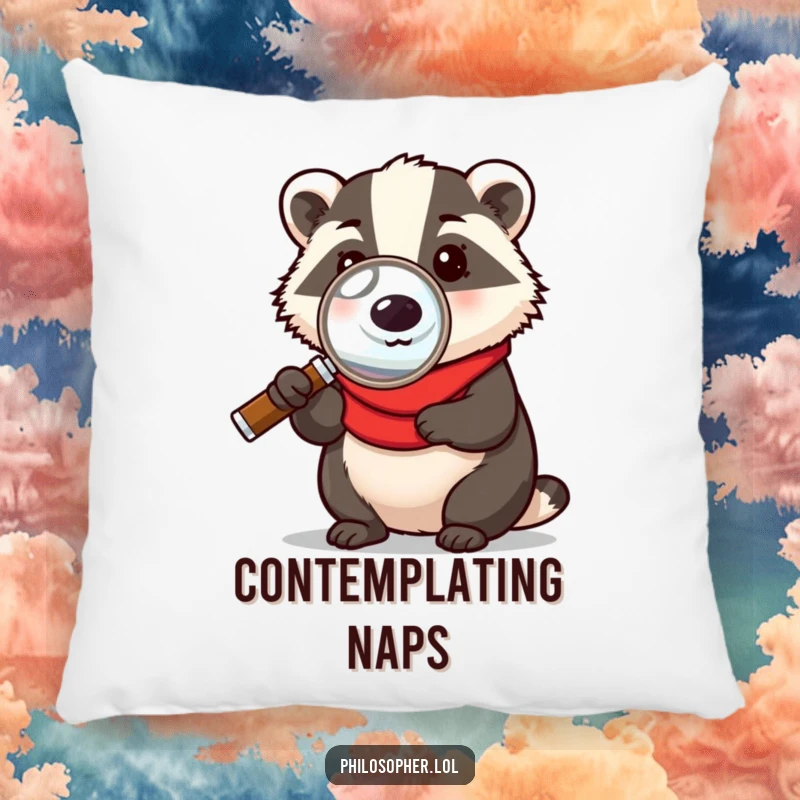 Funny pillow featuring a badger with a magnifying glass, humorously pondering life's big questions while providing plush comfort for any couch or bed.