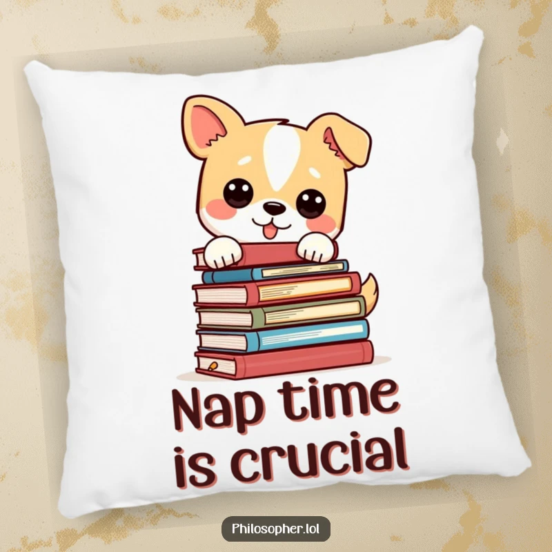 Funny dog with a pile of philosophy books precariously stacked on its head, a soft and humorous pillow for book lovers.