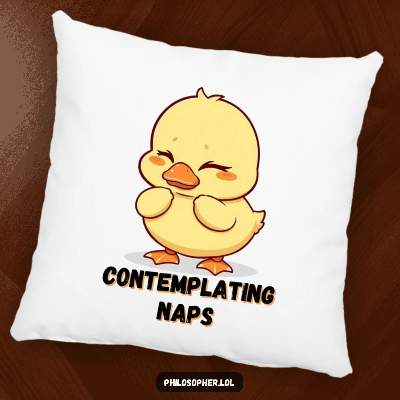 Funny duckling pillow featuring a wobbly duckling deeply thinking with furrowed brows, offering soft, humorous comfort.