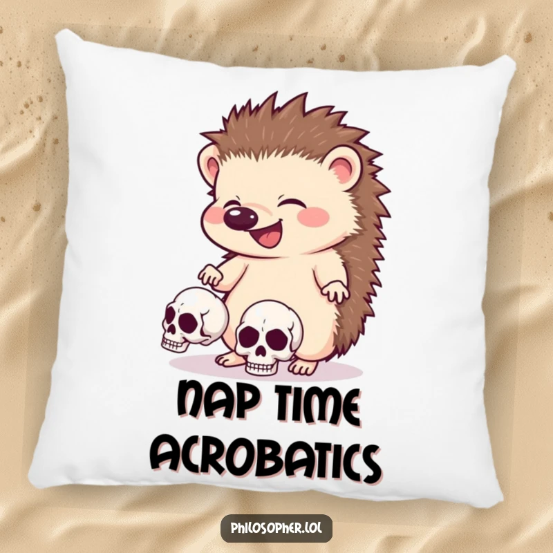 Funny hedgehog pillow, plush cushion, giggling animal juggling skulls, spooky and humorous home decor.