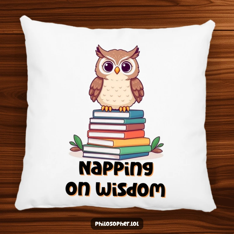 Funny owl pillow featuring a proud owl perched on books, adding soft comfort and a touch of literary humor.