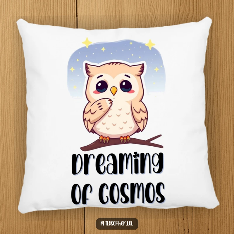 Funny pillow with a thoughtful owl gazing at a starry sky, offering cozy comfort and a touch of nighttime wisdom and humor.