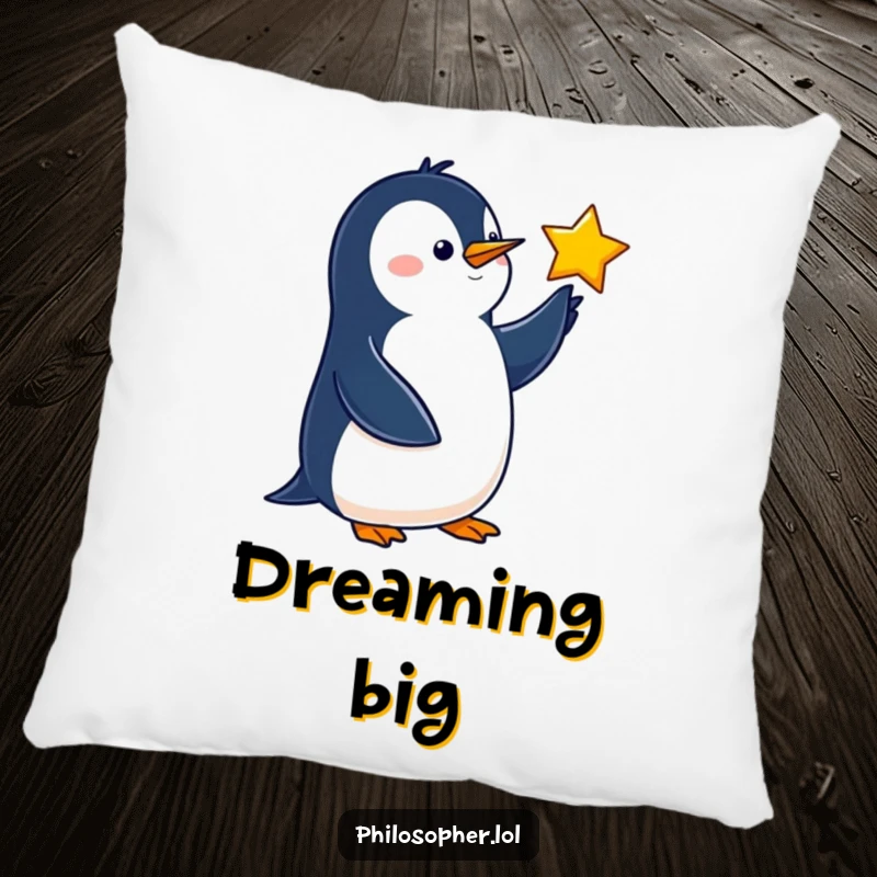 Funny penguin pillow featuring a wise bird pointing towards a star, perfect for cozy dreaming.