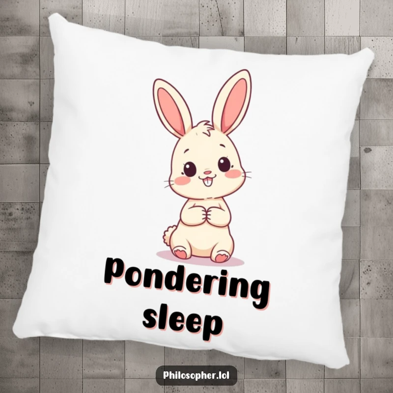 Funny pillow showcasing a happy bunny looking thoughtfully at a giant question mark, offering comfort and a touch of curious amusement.