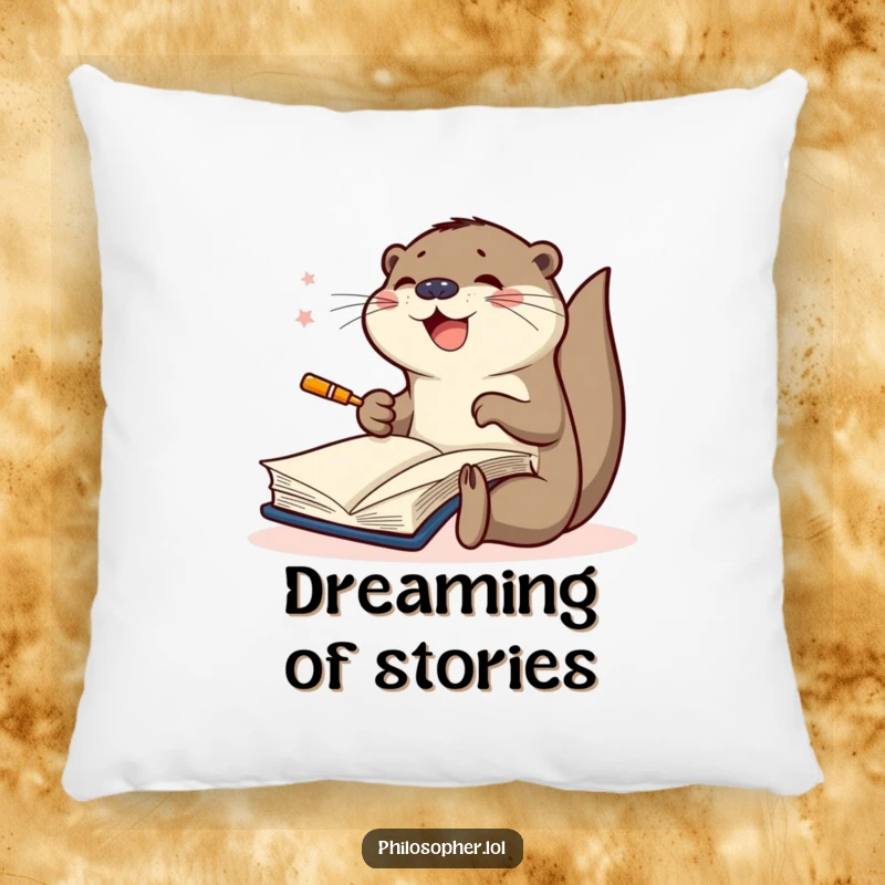 Funny pillow showcasing a joyful otter furiously scribbling in a large book, representing dedication to creative work and artistic passion.