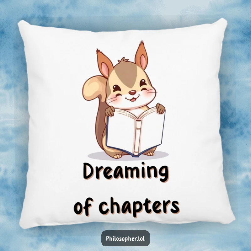Funny pillow with a playful squirrel holding a tiny book upside down, providing comfort and humor for relaxation.