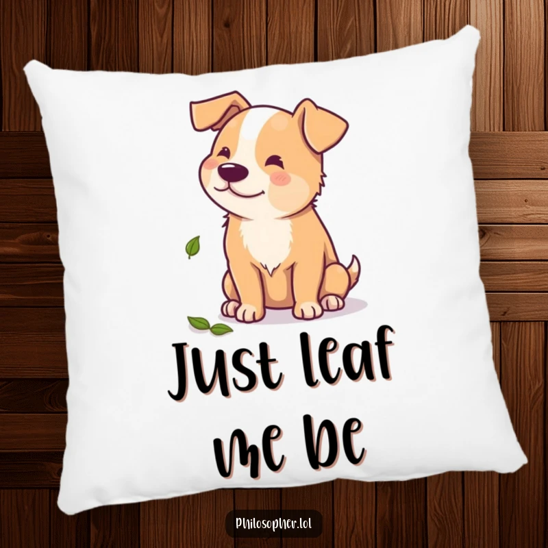 Funny pillow with a beaming dog thoughtfully observing a single autumn leaf, creating a cozy and humorous home accent.