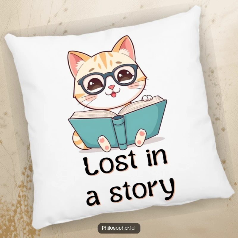 Funny pillow with a smiling cat wearing spectacles, reading a large book, adding comfort and charm to any room.
