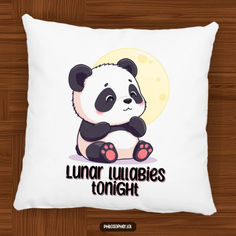 Funny pillow with a contented panda cub gazing thoughtfully at the moon, symbolizing sweet dreams and cozy relaxation. Gift.