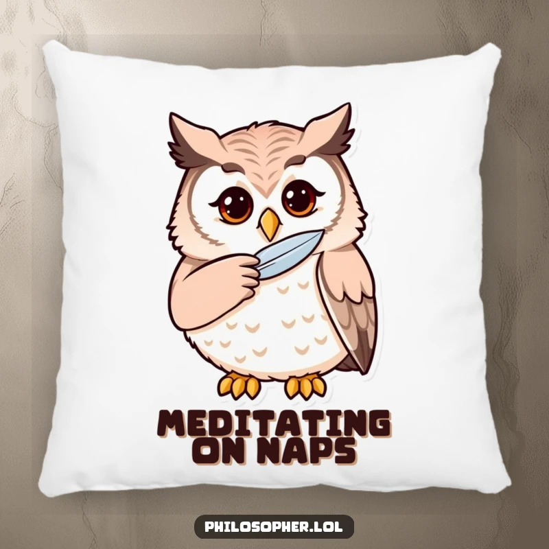 Funny owl pillow featuring a thoughtful owl stroking its chin, a soft and humorous accent for any space.