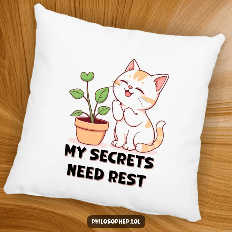 Funny Pillow: Soft cushion featuring a giggling cat whispering secrets to a potted plant, perfect for cozy humor and playful decor.