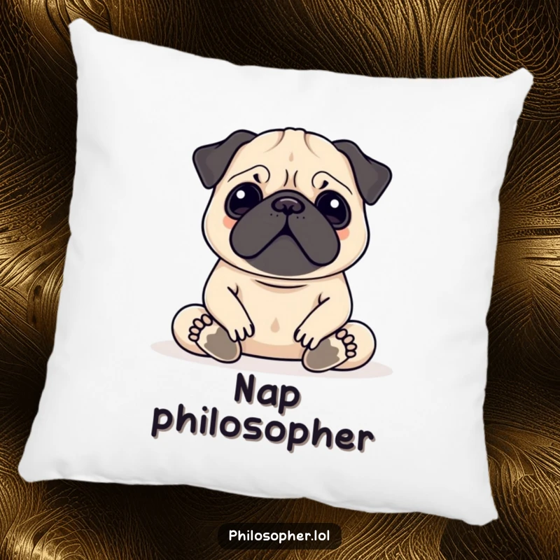 Funny Pug Meditation Pillow showing a contented pug meditating serenely, offering plush comfort and a touch of peaceful humor.