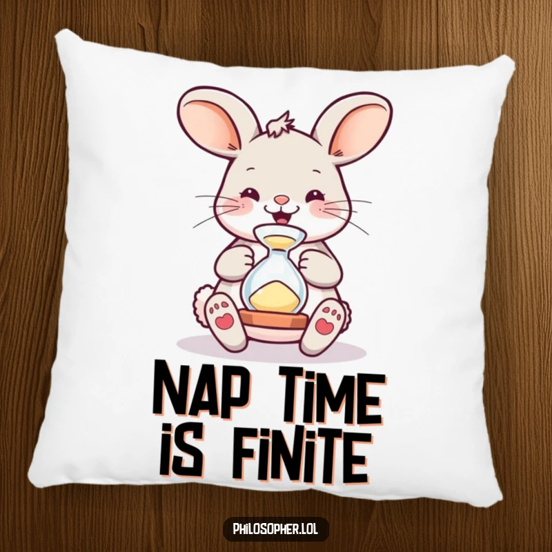 Funny Pillow: Soft cushion featuring a bouncing bunny watching an hourglass, perfect for adding cozy humor and playful decor.