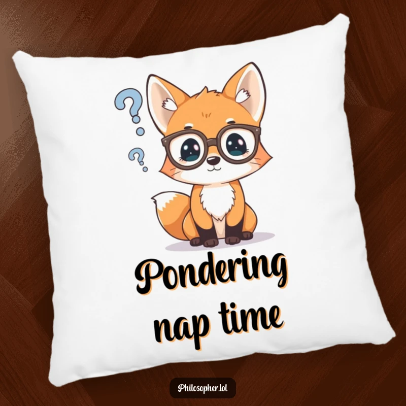 Funny pillow with a curious fox cub wearing spectacles, pondering a question mark, providing cozy comfort and intellectual humor.