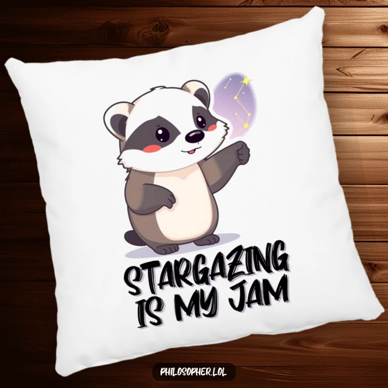 Funny badger pillow, plush cushion, proud animal pointing at stars, celestial themed comfort, humorous decor.