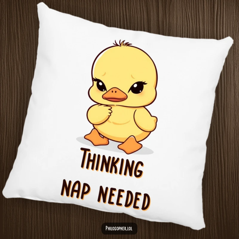 Funny pillow showing a duckling with furrowed brows in deep thought, offering comfort and a humorous, contemplative visual.