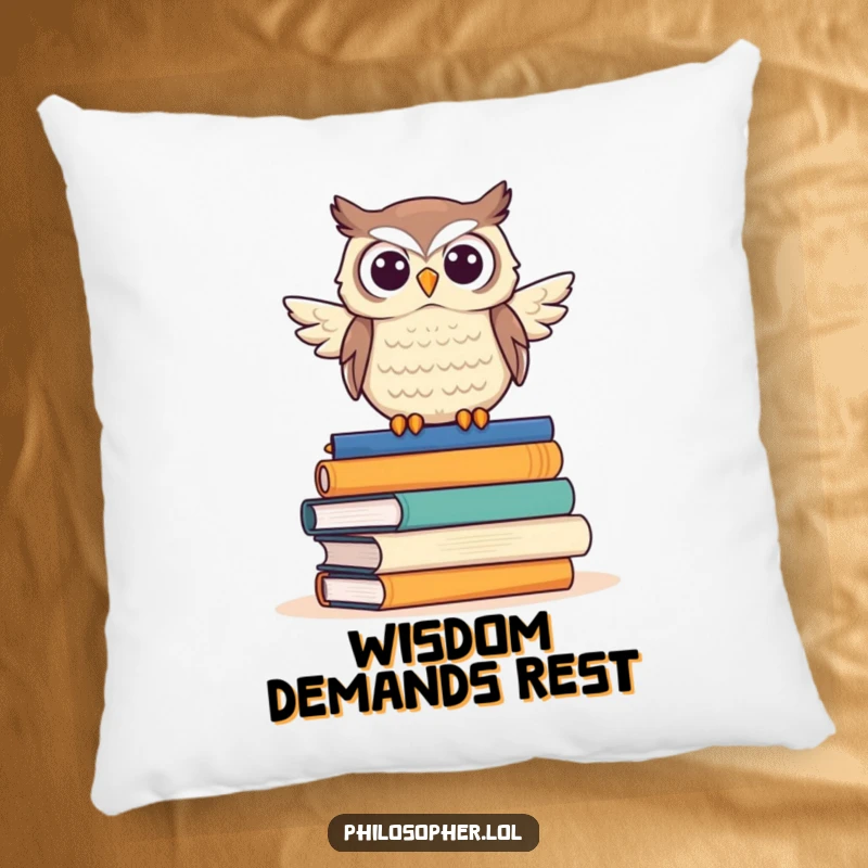 Funny owl pillow, designed with a proud owl on a stack of books, offering humorous comfort and literary charm.