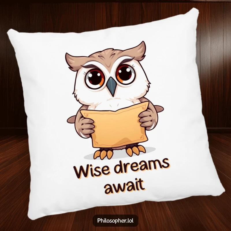 Funny owl holding scroll, soft decorative pillow, mysterious comfort, great funny gift for readers.