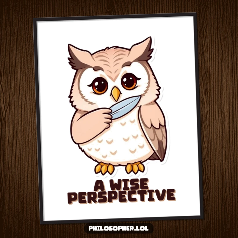 Funny owl digital art print showing a thoughtful owl stroking its chin, ready to add intellectual humor to your decor.