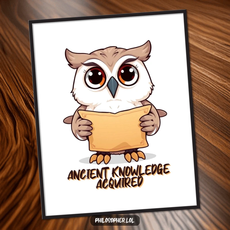 Funny owl with scroll, printable digital art, mysterious animal illustration, instant enigmatic decor, funny gift.